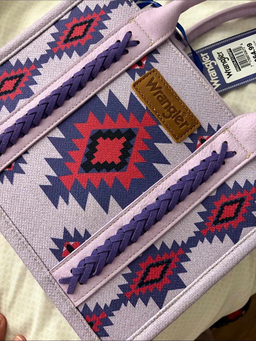 Wrangler Lavender Aztec Crossbody Tote with Red and Navy Accents